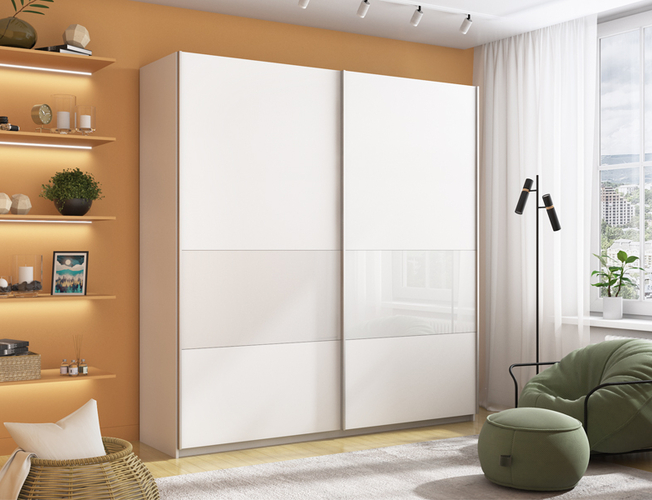 Шкаф-купе широкий Прайм 2-х дверный (фасад дсп/стекло белое/черное), Белый снег